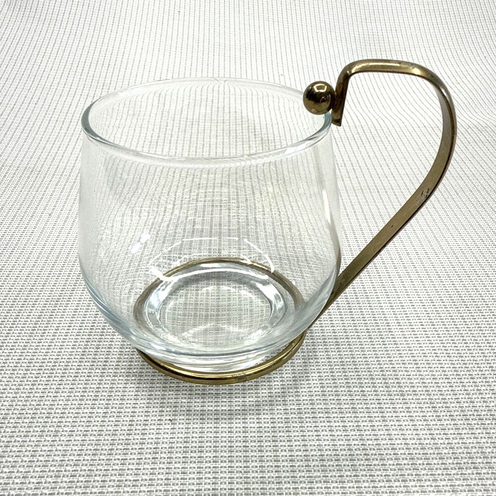 Vintage MCM Glass Mug Brass Handle Holder Tea Coffee Cup
